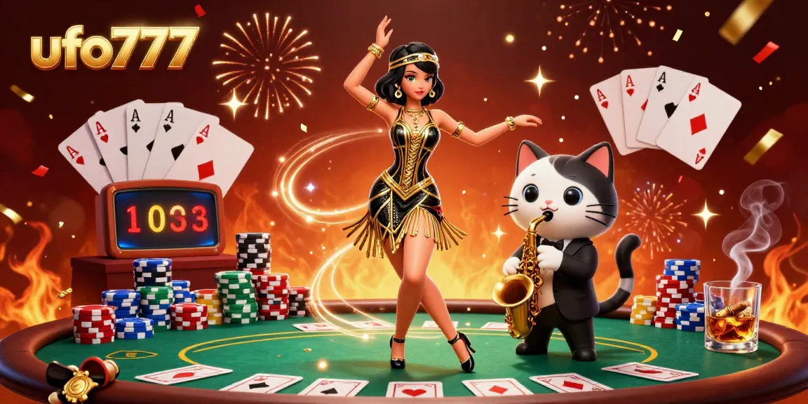 Engage with ufo777 as a glamorous woman in a flapper dress dances near a saxophone-playing cat in a lively casino.