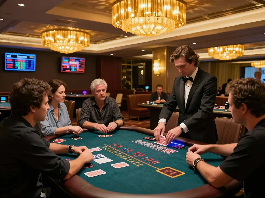Players at king33 engage in an intense blackjack game, surrounded by luxurious casino decor.