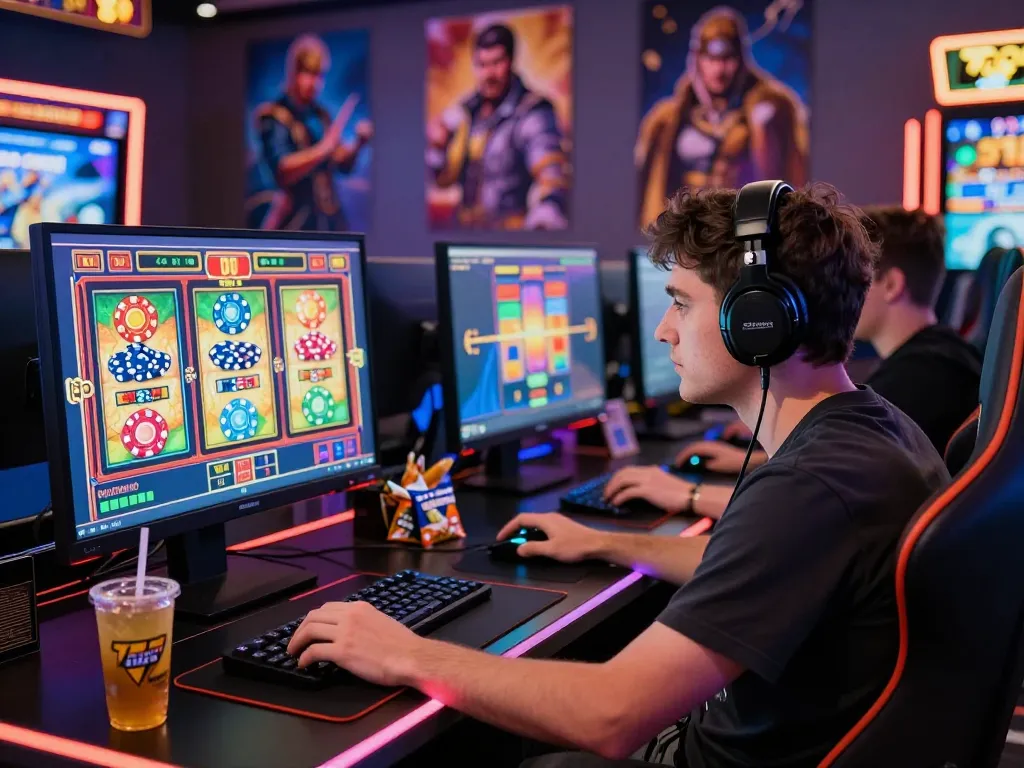 Exciting gaming experience at vegasslot77.com with vibrant slot machine graphics and gamer focused on the screen.
