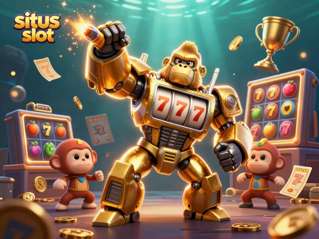 Engage with situs slot through an explosive 3D illustration showcasing a golden mech and vibrant slot elements filled with excitement.
