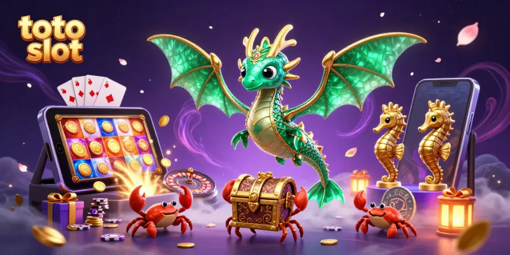 Menangkan jackpot pada toto slot dengan ilustrasi unik dari naga laut berkilau dan peti harta karun.