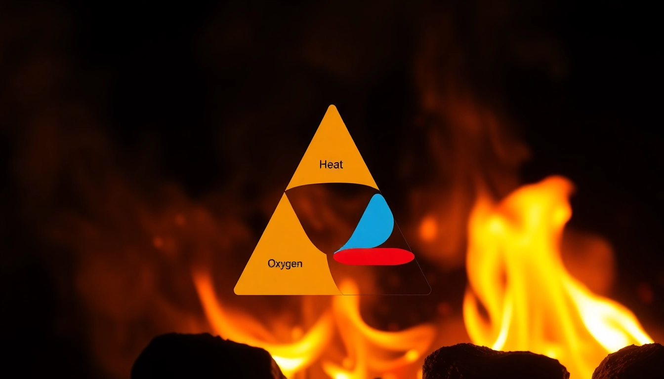 Illustration showing the fire tetrahedron and its four essential components: fuel, heat, oxygen, and chemical reaction.