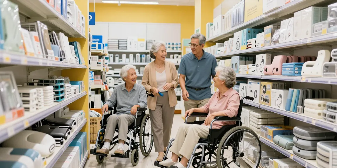 In a lively elderly care store, shoppers explore various products at the 老人用品專門店, creating a welcoming atmosphere.