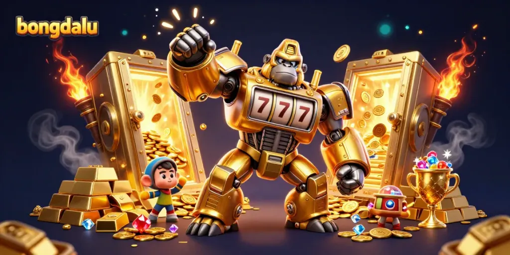 Bongdalu transforms online gaming with dynamic visuals of a golden gorilla mech celebrating a big win.