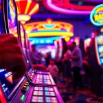 Mainkan slot dengan mesin slot berwarna-warni di dalam kasino yang meriah.