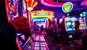 Mainkan slot dengan mesin slot berwarna-warni di dalam kasino yang meriah.