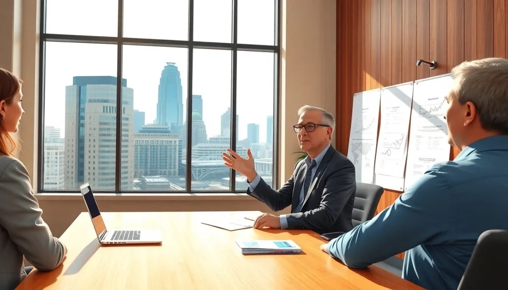 Engaging discussion on wealth management San Antonio at a modern office with skyline view.