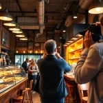 Professional photographer in Milan capturing a lively cafe scene for commercial purposes.