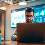 Analyze tiktok smm panel strategies in a vibrant office with charts and graphs.