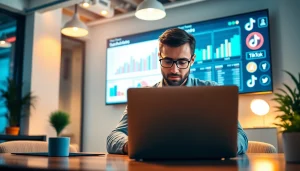 Analyze tiktok smm panel strategies in a vibrant office with charts and graphs.