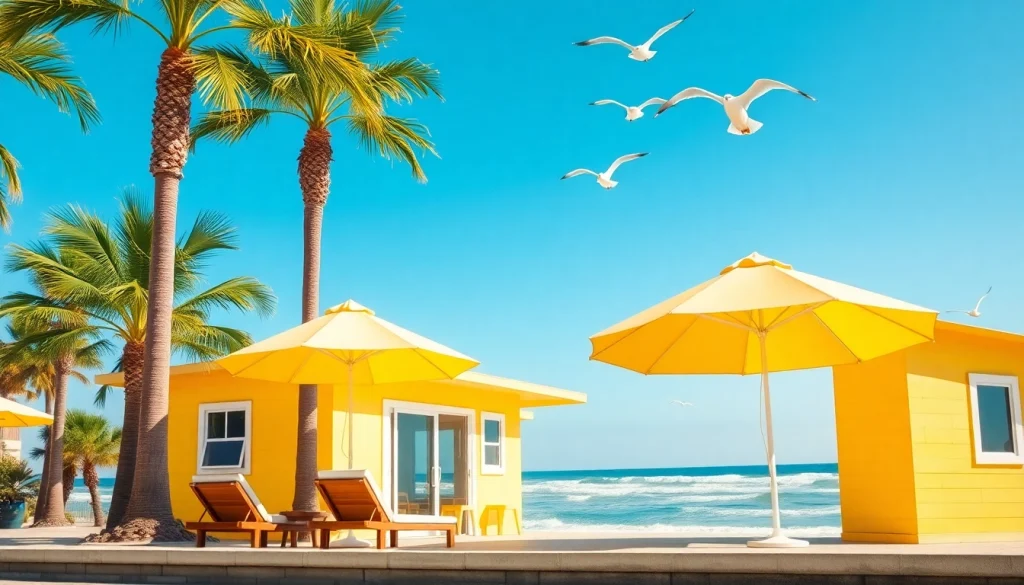 A cozy coastal cabana with a cheerful yellow exterior surrounded by palm trees, inviting relaxation.