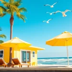 A cozy coastal cabana with a cheerful yellow exterior surrounded by palm trees, inviting relaxation.