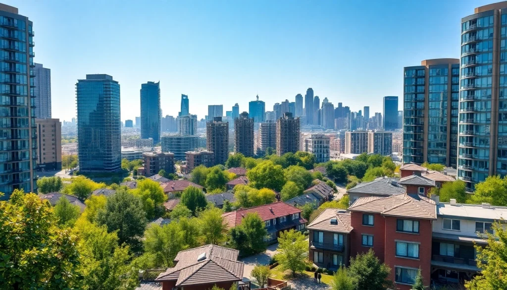 Showcasing diverse real estate properties in an urban landscape with a vibrant atmosphere.