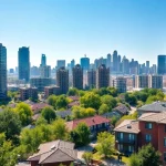 Showcasing diverse real estate properties in an urban landscape with a vibrant atmosphere.