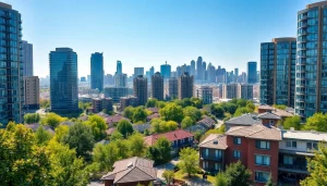 Showcasing diverse real estate properties in an urban landscape with a vibrant atmosphere.