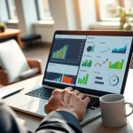 Analyze website data at https://vj88.online/ with vibrant charts in a modern office.