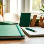 Showcasing green stationery products arranged on a wooden desk, promoting eco-friendly choices.