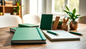Showcasing green stationery products arranged on a wooden desk, promoting eco-friendly choices.