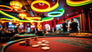 Menawarkan kasinojitu, suasana permainan yang hidup dengan pemain bersemangat dan meja kasino.