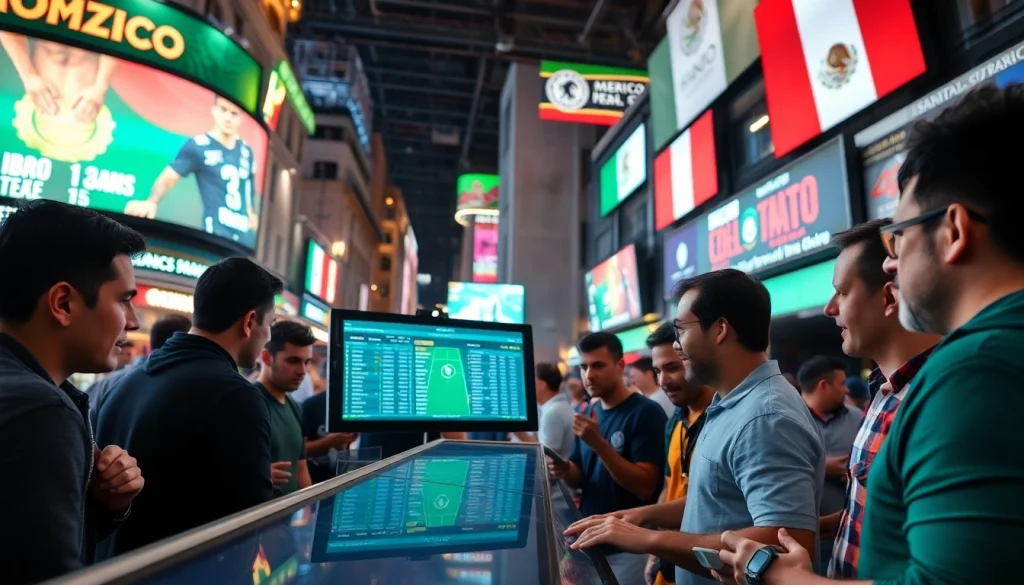 Engaging bettors analyzing odds at the best sports betting sites for Mexico in a lively atmosphere.