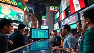 Engaging bettors analyzing odds at the best sports betting sites for Mexico in a lively atmosphere.
