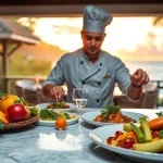 Private chef St Martin crafting gourmet meals in a luxurious villa setting.
