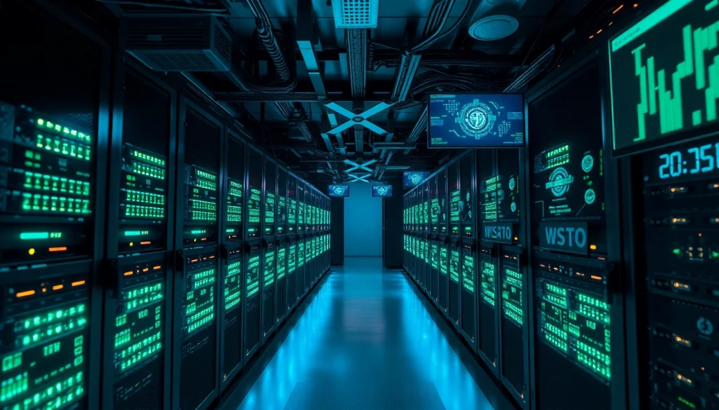 Visualize an advanced crypto mining farm featuring high-performance miners, illuminated screens, and a cool tech ambiance.