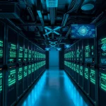 Visualize an advanced crypto mining farm featuring high-performance miners, illuminated screens, and a cool tech ambiance.