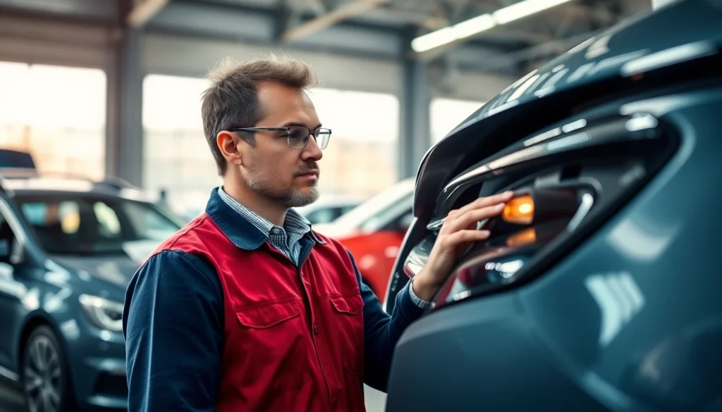 Kfz Sachverständiger Aachen, professionelles Gutachten eines Autounfalls in einer Werkstatt.