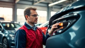 Kfz Sachverständiger Aachen, professionelles Gutachten eines Autounfalls in einer Werkstatt.