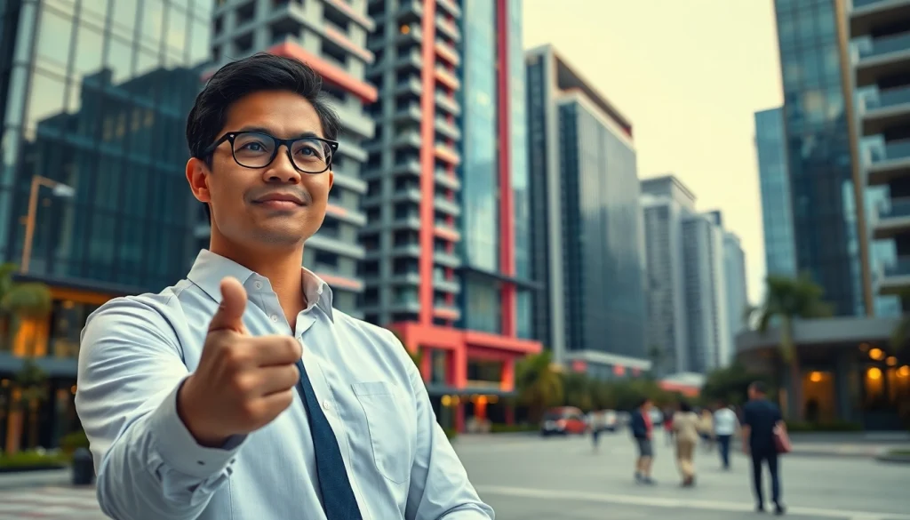 Showcasing new condos at https://newdeveloperlaunch.sg with a professional real estate agent in a modern Singapore setting.