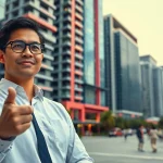 Showcasing new condos at https://newdeveloperlaunch.sg with a professional real estate agent in a modern Singapore setting.