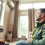 Technician inspecting HVAC system at https://nobleheatingairservices.com in bright, comfortable living room.