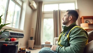 Technician inspecting HVAC system at https://nobleheatingairservices.com in bright, comfortable living room.
