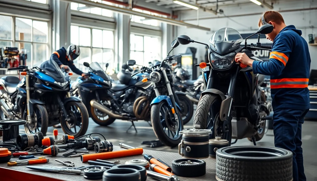 In der motorrad werkstatt beschäftigen sich Mechaniker mit der Reparatur und Wartung von Motorrädern.
