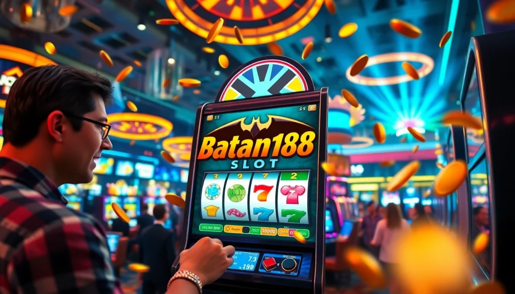Memainkan batman138 slot di mesin slot yang berkilau di kasino yang meriah.