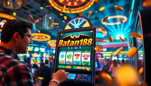 Memainkan batman138 slot di mesin slot yang berkilau di kasino yang meriah.
