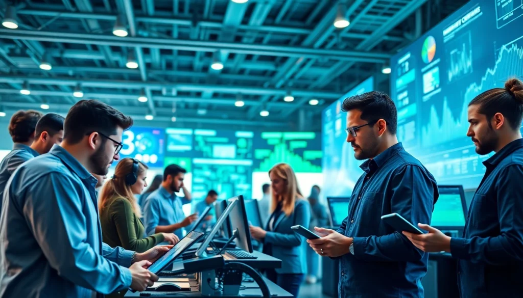 Illustration of technology companies collaborating in a vibrant innovation center.