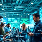 Illustration of technology companies collaborating in a vibrant innovation center.