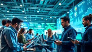 Illustration of technology companies collaborating in a vibrant innovation center.