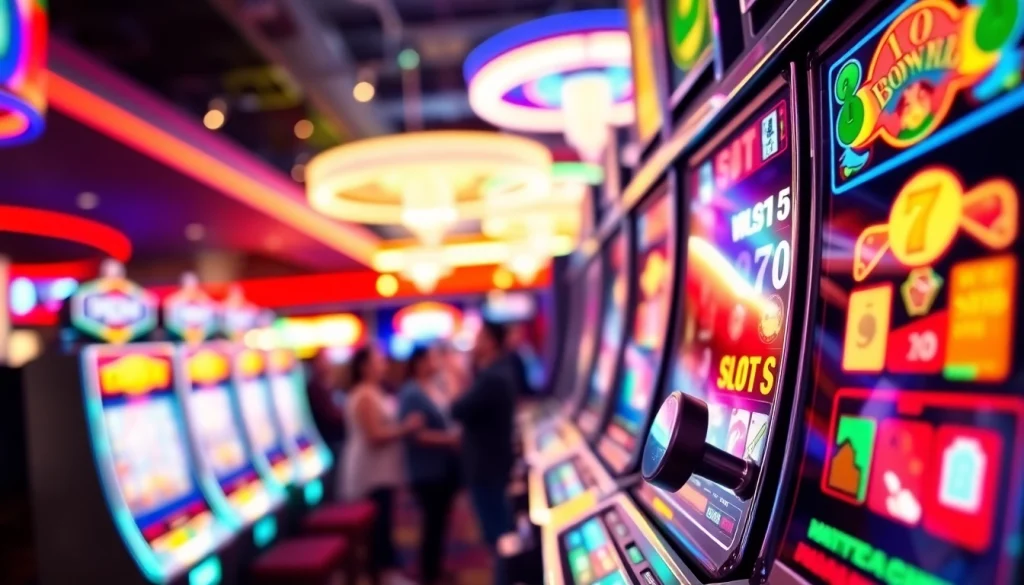 Slot mesin dengan pencahayaan cerah dan desain menarik dalam suasana kasino yang ramai.