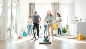 Showcase a team providing a Cleaning Service in a bright home environment, emphasizing organization and professionalism.