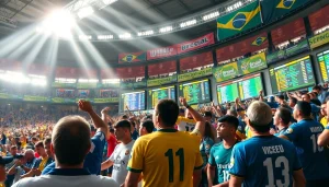 Enthusiastic fans engaging in sports betting in Brazil at a stadium event.