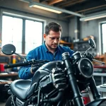 Reparatur in einer motorrad werkstatt mit einem Mechaniker, der an einem Motorrad arbeitet.