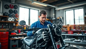 Reparatur in einer motorrad werkstatt mit einem Mechaniker, der an einem Motorrad arbeitet.
