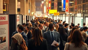 Engaged professionals exploring new hire jobs at a lively job fair in an urban environment.