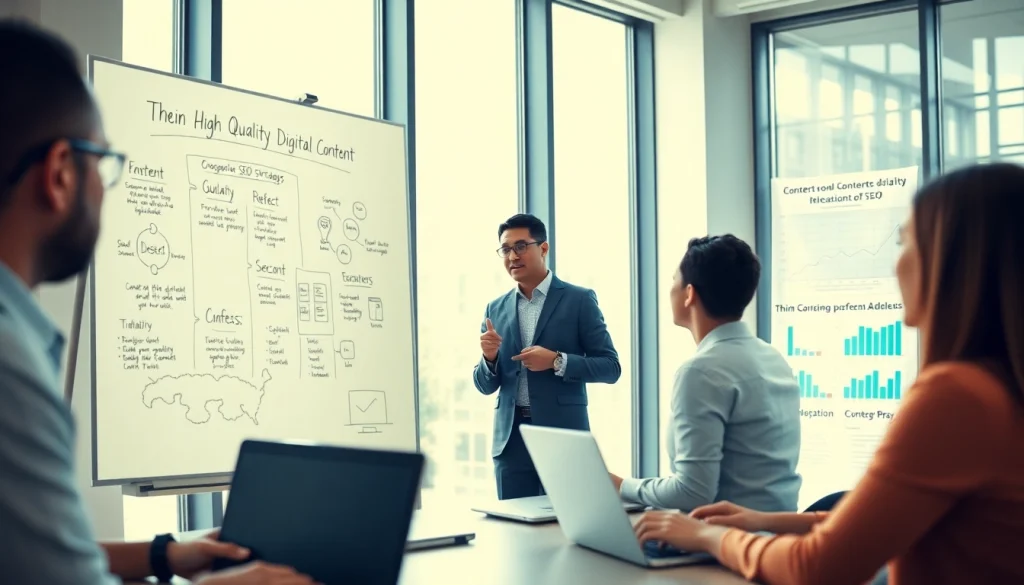 Visualize a professional consultant leading a team in a thin content penalty recovery service strategy session.