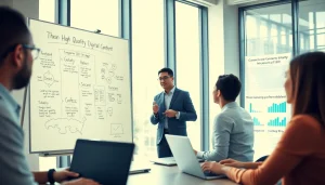 Visualize a professional consultant leading a team in a thin content penalty recovery service strategy session.