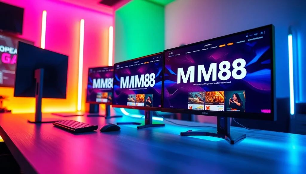 Engaging view of a high-tech gaming setup showcasing the MM88 website on multiple screens.