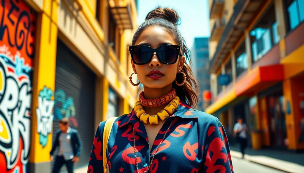 Showcasing trendy fashion styles at https://www.northernfashions.com with a vibrant urban backdrop.